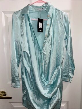 Fashion Nova Light Aqua Satin Button-Front Blazer